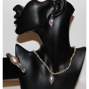 Vintage Mexico 925 Sterling Silver Mother of Pearl Necklace Bracelet Earrings